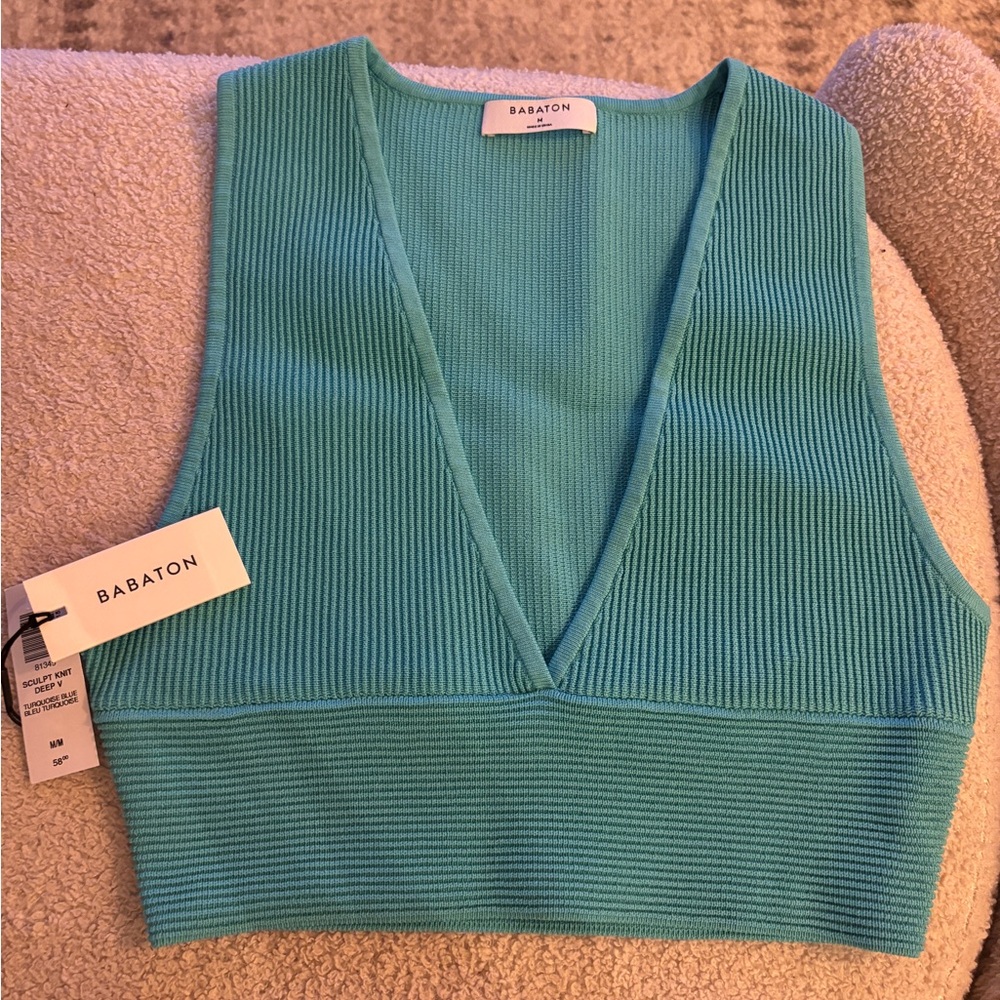 Babaton Women's Teal Ribbed V-Neck Top